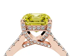 Fancy Yellow Asscher Cut Diamond Solitaire Ring Set in Rose gold with Brilliant Pavé Band and Prong Setting