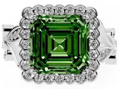 Fancy Green Asscher Cut Diamond Halo Ring Set in Platinum with Leaf Motif Split Shank and Prong Setting