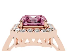Fancy Pink Asscher Cut Diamond Halo Ring Set in Rose gold with Accent-Lined Split Shank and Prong Setting