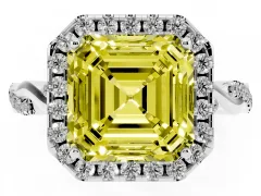 Fancy Yellow Asscher Cut Diamond Halo Twist Band Solitaire Ring Set in Platinum with Prong Setting