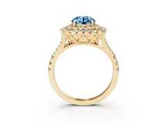 Fancy Blue Round Cut Diamond Double Halo Ring Set in Yellow gold with Pavé Split Shank and Prong Setting