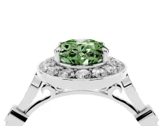 Fancy Green Oval Cut Diamond Halo Engagement Ring Set in Silver with Twisted Band and Prong Setting