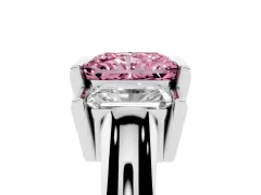 Fancy Pink Radiant Cut Diamond Three-Stone Channel Set Ring Set in Platinum with Smooth Polished Band