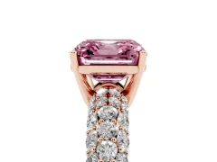 Fancy Pink Asscher Cut Diamond Pavé Band Solitaire Ring Set in Rose gold with Close-Set Accent Stones and Prong Setting
