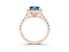 Fancy Blue Asscher Cut Diamond Halo Engagement Ring Set in Rose gold with Pavé Band and Prong-Set Center
