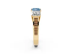 Fancy Blue Princess Cut Diamond Three-Stone Ring Set in Yellow gold with Textured Band