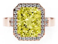 Fancy Yellow Radiant Cut Diamond Halo Ring Set in Rose gold with Pavé-Lined Split Shank Band