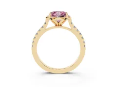 Fancy Pink Princess Cut Diamond Solitaire Ring Set in Yellow gold with Pavé Band and Floral Prong Setting