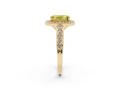Fancy Yellow Emerald Cut Diamond Milgrain Halo Solitaire Ring Set in Yellow gold with Bezel Set Side Stones and Pavé Band