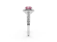 Fancy Pink Cushion Cut Diamond Milgrain Halo Solitaire Ring Set in Platinum with Bezel Set Side Stones and Pavé Band
