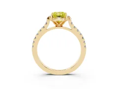 Fancy Yellow Radiant Cut Diamond Solitaire Ring Set in Yellow gold with Pavé Band and Floral Prong Setting