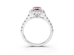 Fancy Pink Emerald Cut Diamond Halo Engagement Ring Set in White gold with Pavé Band and Prong-Set Center