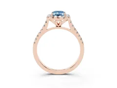 Fancy Blue Emerald Cut Diamond Cushion Halo Ring Set in Rose gold with Pavé Band