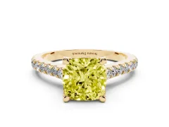 Fancy Yellow Cushion Cut Diamond Solitaire Ring Set in Yellow gold with Brilliant Pavé Band and Prong Setting
