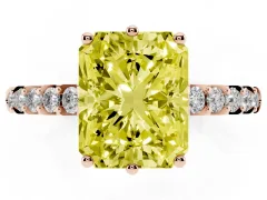 Fancy Yellow Radiant Cut Diamond Solitaire Engagement Ring Set in Rose gold with Pavé Band and Prong Setting