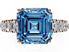 Fancy Blue Asscher Cut Diamond Solitaire Ring Set in Rose gold with Cut-Down Micro Pavé Band and Prong Setting