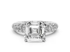 Asscher Cut Diamond Pavé Band Solitaire Ring Set in White gold with Close-Set Accent Stones and Prong Setting