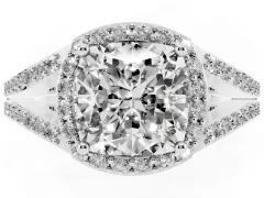 Cushion Cut Diamond Halo Split Shank Pavé Ring Set in Platinum with Prong Setting