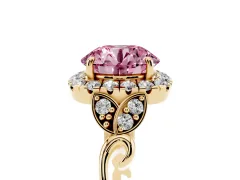 Fancy Pink Round Cut Diamond Halo Engagement Ring Set in Yellow gold with Vintage-Inspired Band and Prong Setting