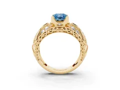 Fancy Blue Radiant Cut Diamond Art Deco Ring Set in Yellow gold with Pavé Split Shank