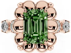 Fancy Green Emerald Cut Diamond Floral Halo Ring Set in Rose gold with Shared Prong Band