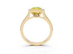 Fancy Yellow Radiant Cut Diamond Halo Milgrain Pavé Band Ring Set in Yellow gold with Prong Setting