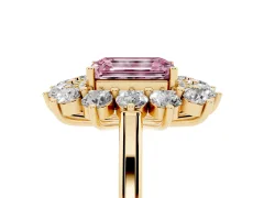 Fancy Pink Emerald Cut Diamond Floral Double Halo Ring Set in Yellow gold with Round Petals
