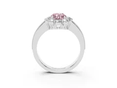 Fancy Pink Oval Cut Diamond Halo Pavé Engagement Ring Set in White gold with Milgrain Detailing