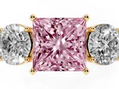 Fancy Pink Princess Cut Diamond Three-Stone Ring Set in Yellow gold with Round Side Stones and Classic Band