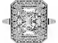 Radiant Cut Diamond Halo Ring Set in Platinum with Accent-Lined Split Shank and Prong Setting