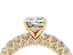 Cushion Cut Diamond Solitaire Ring Set in Yellow gold with Shared Prong Pavé Band