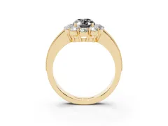 Fancy Black Oval Cut Diamond Halo Pavé Engagement Ring Set in Yellow gold with Milgrain Detailing