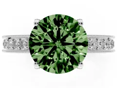 Fancy Green Round Cut Diamond Solitaire Ring Set in Silver with Milgrain-Edged Pavé Band and Prong Setting
