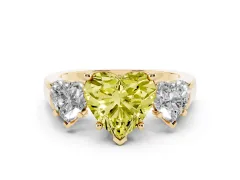 Fancy Yellow Heart Cut Diamond Three-Stone Trellis Ring Set in Yellow gold with Comfort Fit Band