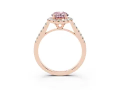 Fancy Pink Oval Cut Diamond Pavé Halo Engagement Ring Set in Rose gold with Pavé Band and Prong Setting