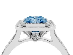Fancy Blue Radiant Cut Diamond Halo Milgrain Pavé Band Ring Set in Platinum with Prong Setting