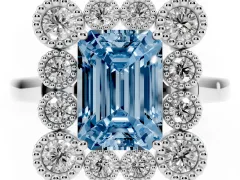Fancy Blue Emerald Cut Diamond Cluster Halo Ring Set in Platinum with Milgrain Bezel Accents and Plain Band