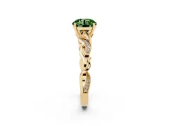 Fancy Green Round Cut Diamond Vine Band Solitaire Ring Set in Yellow gold with Milgrain Prong Setting