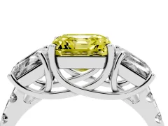 Fancy Yellow Asscher Cut Diamond Three-Stone Ring Set in Platinum with Pavé Band