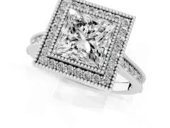 Princess Cut Diamond Halo Milgrain Pavé Band Ring Set in White gold with Prong Setting