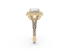 Princess Cut Diamond Double Halo Ring Set in Yellow gold with Pavé Band