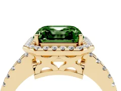 Fancy Green Asscher Cut Diamond Halo Ring Set in Yellow gold with Pavé Shoulders and Halo-Framed Center