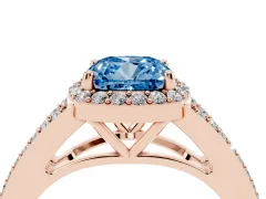 Fancy Blue Cushion Cut Diamond Halo Split Shank Pavé Ring Set in Rose gold with Prong Setting