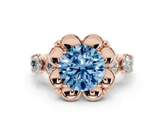 Fancy Blue Round Cut Diamond Floral Halo Ring Set in Rose gold with Shared Prong Band