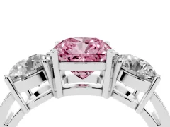 Fancy Pink Cushion Cut Diamond Three-Stone Ring Set in White gold with Round Side Stones and Classic Band