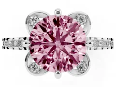 Fancy Pink Round Cut Diamond Solitaire Ring Set in Platinum with Pavé Band and Floral Prong Setting