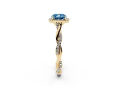 Fancy Blue Cushion Cut Diamond Halo Twist Band Solitaire Ring Set in Yellow gold with Prong Setting