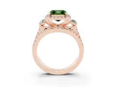 Fancy Green Asscher Cut Diamond Halo Split Shank Ring Set in Rose gold with Round Accent Stones and Prong Setting