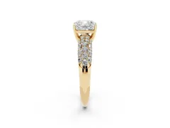 Cushion Cut Diamond Pavé Band Solitaire Ring Set in Yellow gold with Close-Set Accent Stones and Prong Setting