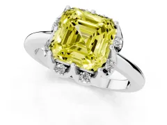 Fancy Yellow Asscher Cut Diamond Round Cluster Halo Ring Set in Silver with Solitaire Band and Prong Setting